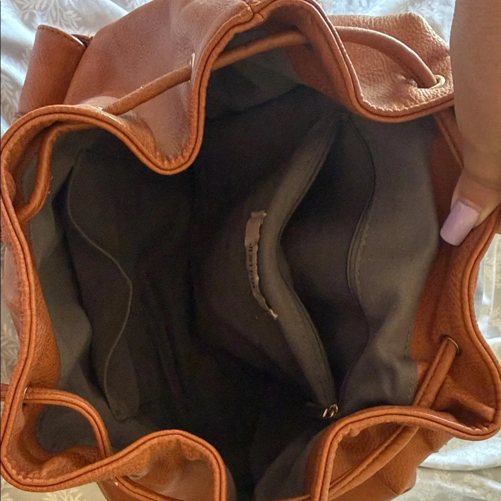 JustFab Tan Brown Faux Leather Backpack with Front Buckle Pockets